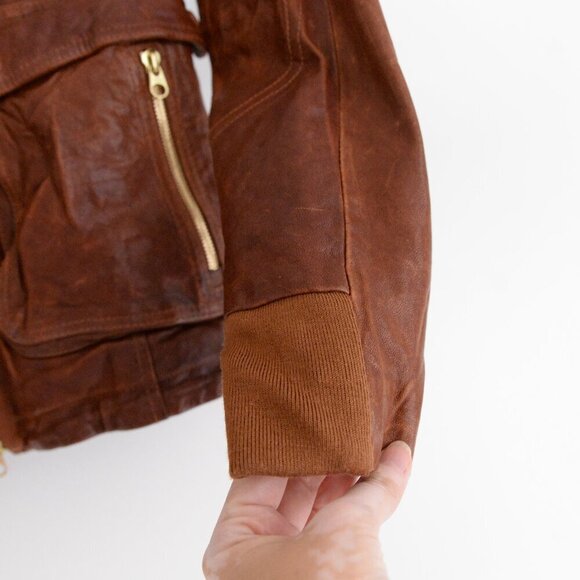 Mackage Brown 100% Leather Designer Zip Up Flap Pocket Hood Biker Jacket XXS - Picture 10 of 16